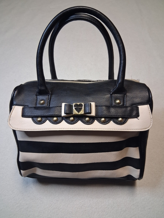 Betsey Johnson Handbags - Betsey Johnson Black and Cream Striped Top-Handle Satchel with Bow Accent